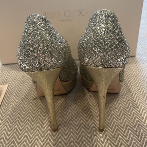Jimmy Choo Authentic Glitter Fabric Champagne Stiletto Peep Toe Platform… - Picture 5 of 13